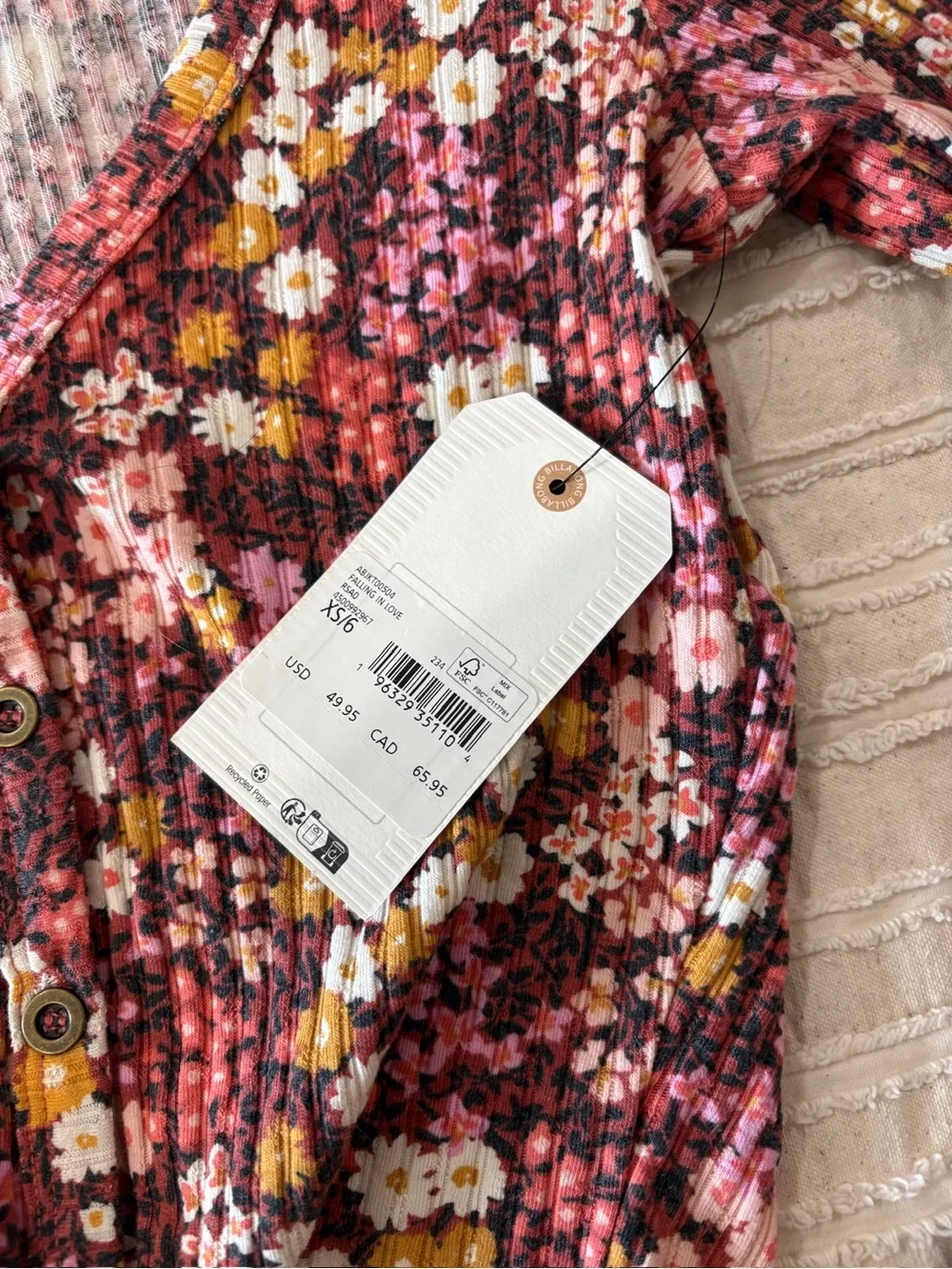 NWT Billabong Pink Floral Ribbed Long-Sleeve Crop Top